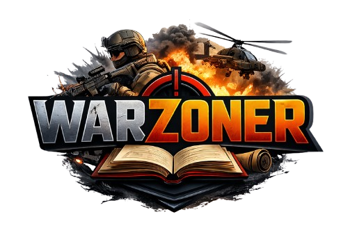 WarZoner logo featuring bold metallic and orange text with a soldier, helicopter, explosion, and an open book below.